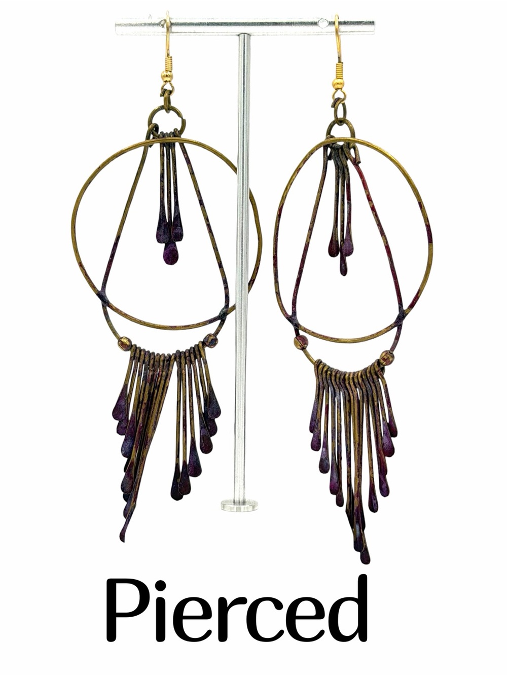 Bohemian Vintage Fringe Metal Dangle Earrings  Burgundy Patina Jewelry